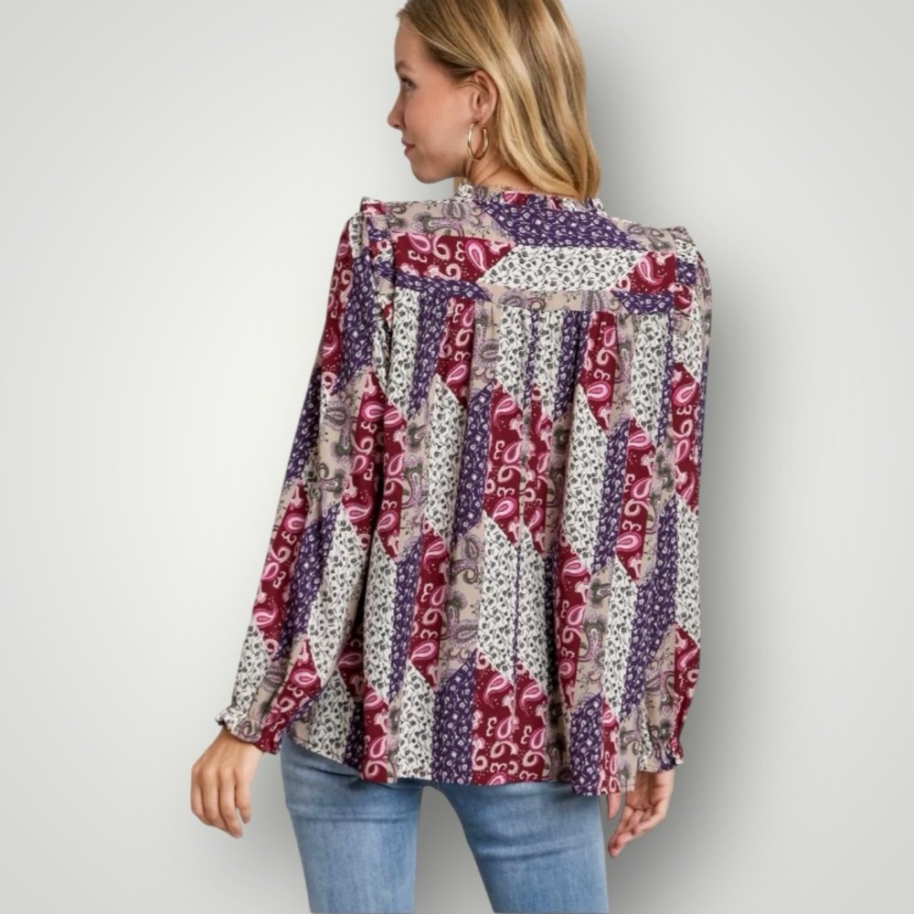 Umgee Mixed Print Ruffle Blouse Top in Mixed Wine Women’s Size Large - Picture 2 of 9